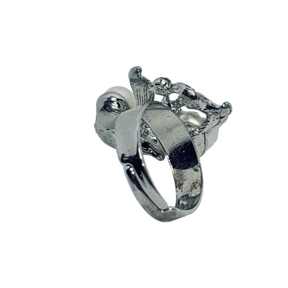 Silver Tone Adjustable Statement Ring With Faux Pearls & Leaf Design (R436) - Picture 7 of 7